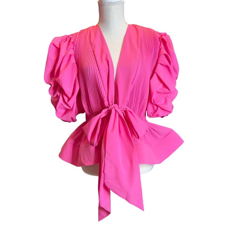 Women's Hot Pink Pleated Tie-Front Blouse